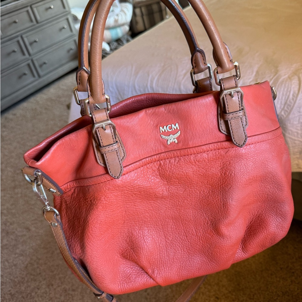 MCM Orange Embossed Leather Handbag